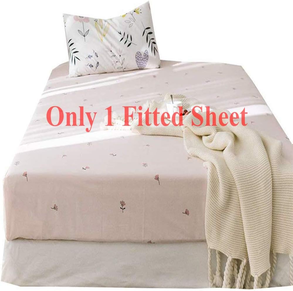 Floral Flower Fitted Sheet Queen Deep Pocket Cotton Bedding Sheet Pink Kids Girls Bed Mattress Cover Lightweight Soft Fitted Sheet Wrinkle Free Cotton Bed Sheet (NO Pillowcases)