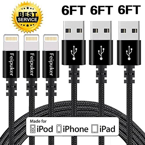 Lightning cable, FEIPUKER 3 PACK (6FT) Nylon Braided Charging Cable Cord Lightning to USB Cable Charger Compatible for IPhone 7/ 7 Plus/6/6s/6 plus/6s plus/ 5c/5s,iPod, iPad, and More (3 PACK Black)