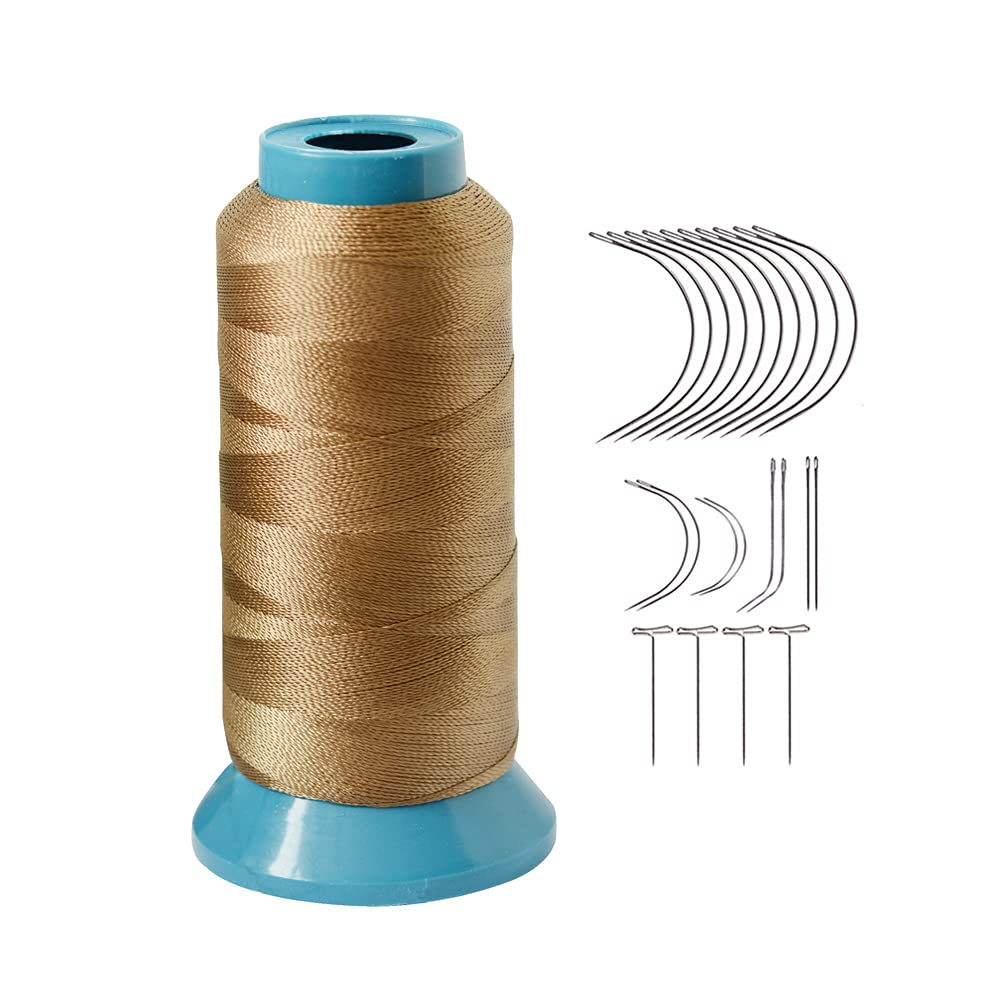 Bonded Sewing Thread Polyester Weaving Thread 1200 Yards 250D with 12pcs 9cm C Type Needles Curved Hair Needles（Dark Blonde）