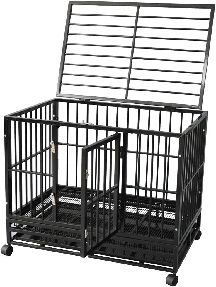 DodreHome Heavy Duty Dog Cage Crate for Large Dogs,Strong Metal Kennel with Four Wheels and One Tray,42-Inch Black Color