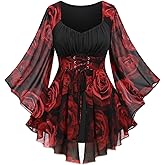 ROSE GAL Women Plus Size Romantic Gothic Lace-up Bell Sleeves Tee Flare Sleeves Renaissance Top Goth Costume Top