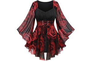 ROSE GAL Rosegal Women Plus Size Romantic Gothic Lace-up Bell Sleeves Tee Flare Sleeves Renaissance Top Goth Costume Top