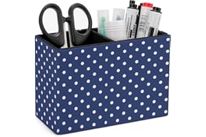 GVYGVY Pen Holder for Desk Aesthetic - White Polka Dots Dark Blue Print Decorative Pencil Holder for Desk, 2 Compartments Lea