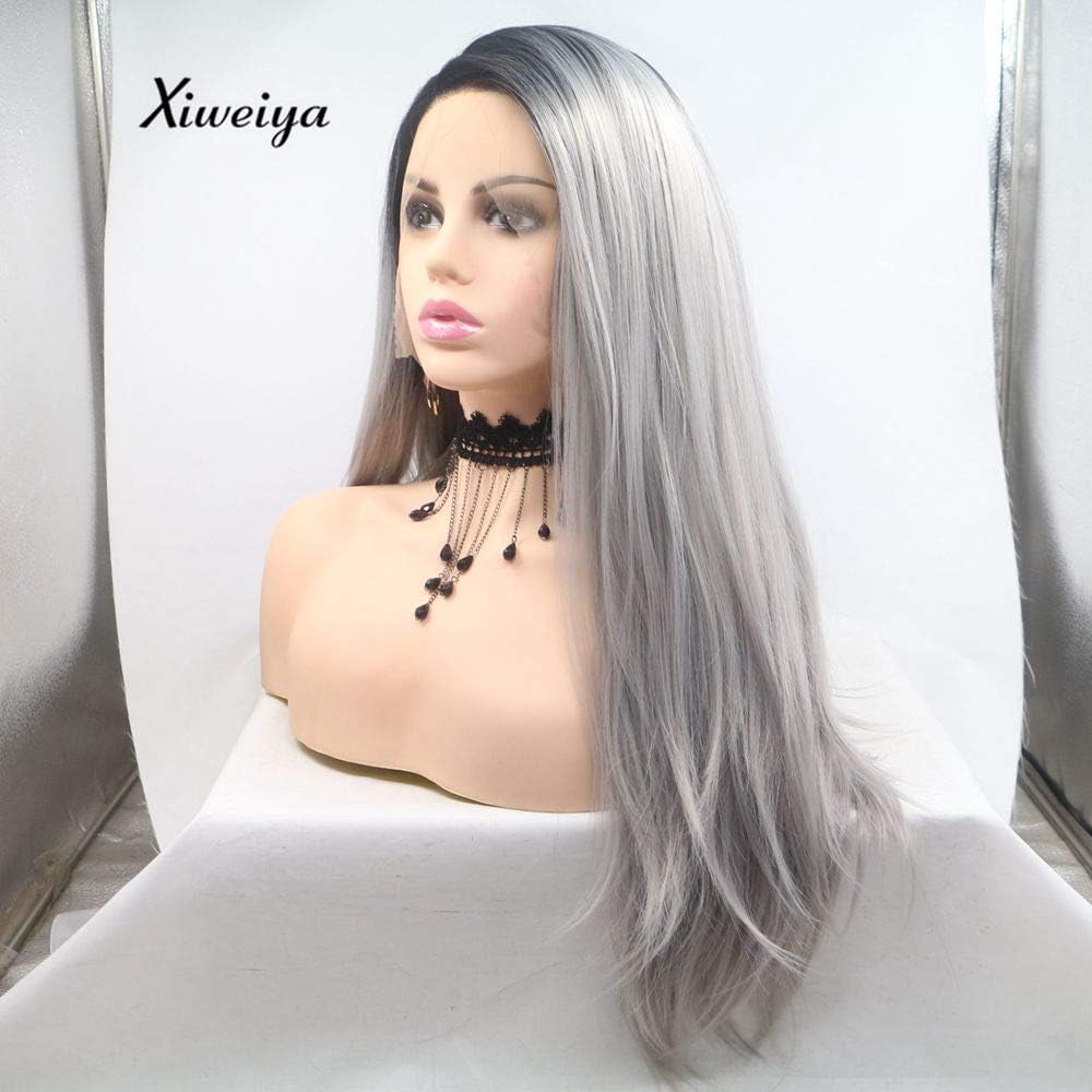 Xiweiya Ombre Grey Wigs Long Silky Straight Hair Short Dark Roots Synthetic Lace Front Wigs For Women Heat Resistant Fiber Long Hair Middle Parting For Women Hair - Image 4