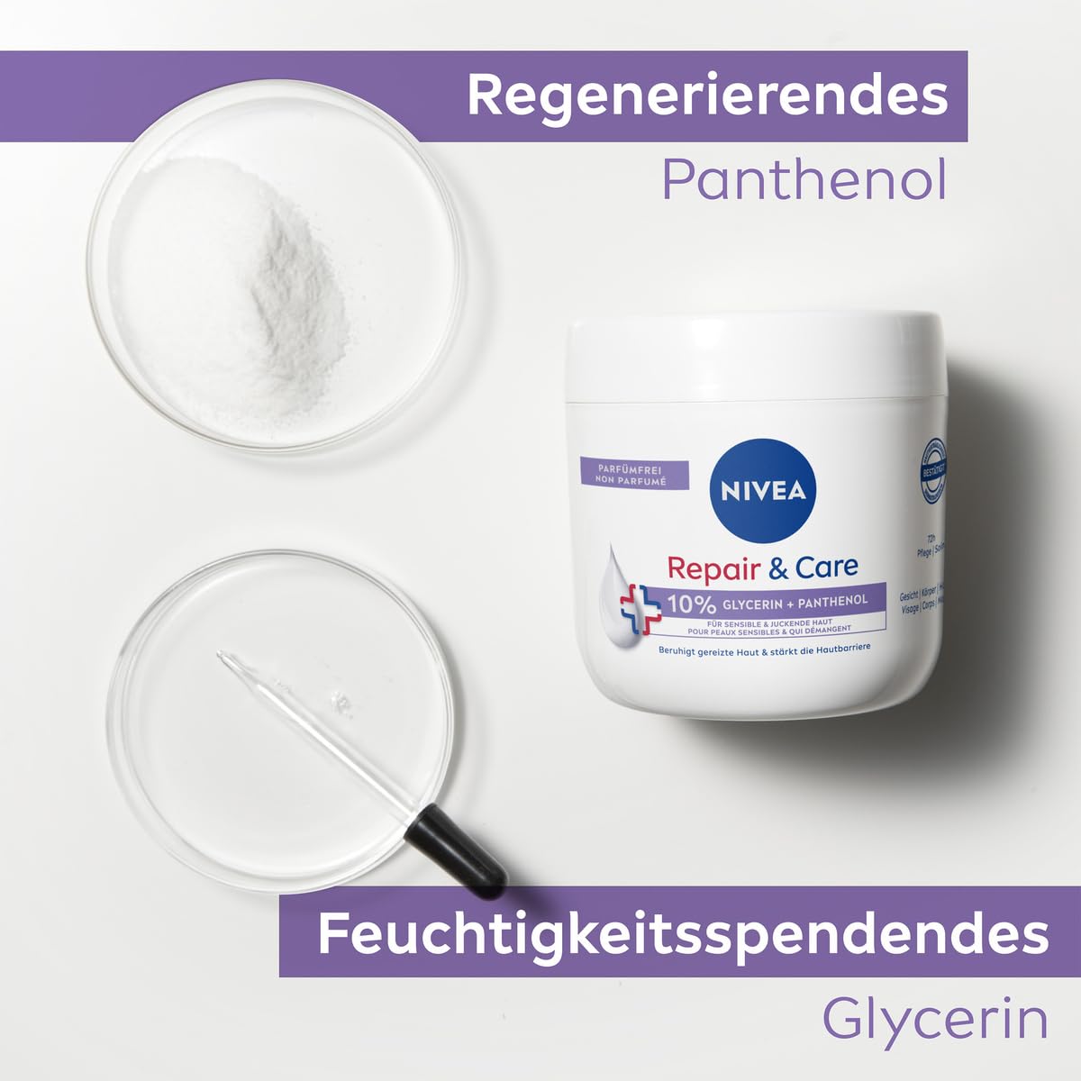 NIVEA Repair & Care Creme parfümfrei (400ml), Feuchtigkeits-Körpercreme, schnell einziehende Lotion mit Glycerin, Provitamin B5 & Ceramiden für trockene, sensible Haut 6