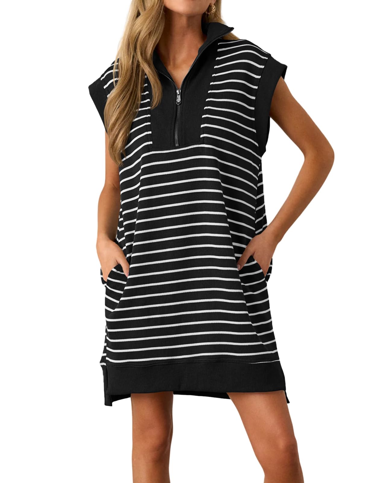 Striped O-ring Zip Collared Loose Sweater Mini Dress main image 0