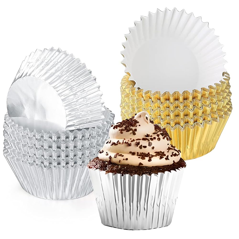 Foil Cupcake Liners, 200 PCS Foil Cupcake Cases for Baking, 75mm Gold Cupcake Cases, Premium Foil Baking Cups for Baking-Disposable Baking Cups on Weddings Birthdays Party(Gold and Silver)