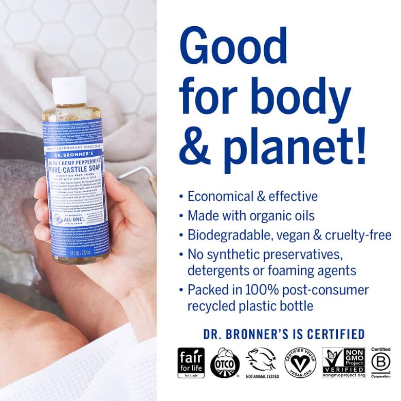 Dr. Bronner's Pure-Castile Magic Liquid Soap (Peppermint, 8 Ounce)- Made with Organic Oils, 18-in1 Uses: Face, Hair, Hand & Body Soap, Laundry, Pets- Concentrated, Vegan, Non-GMO
