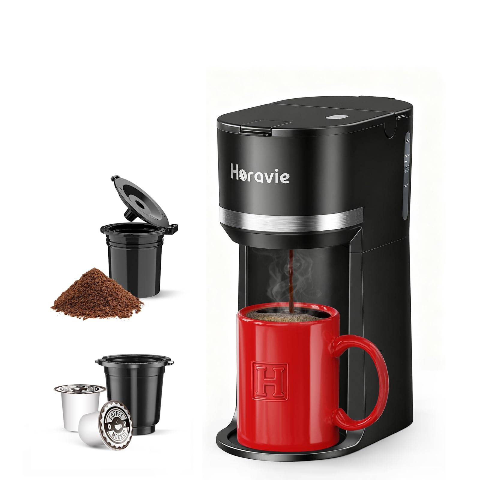 Photo 1 of Horavie Mini Single Serve Coffee Maker for K Cup and Ground Coffee, Fast Brew One Cup Coffee Machine with Descaling Reminder and Water Window, 6 to 12 oz. Brew Sizes, Black