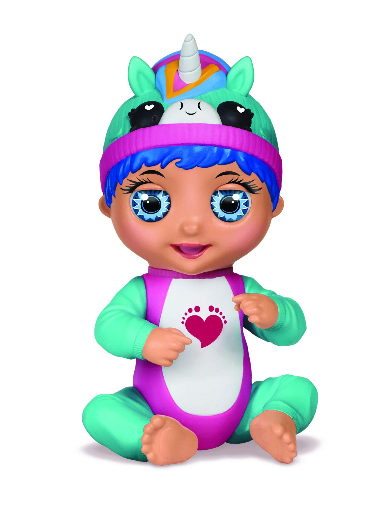 BANDAI Tiny Toes - Interactive Mini Baby Doll 14 cm - Luna Laughs - Blue Unicorn - Speaks German - 82788