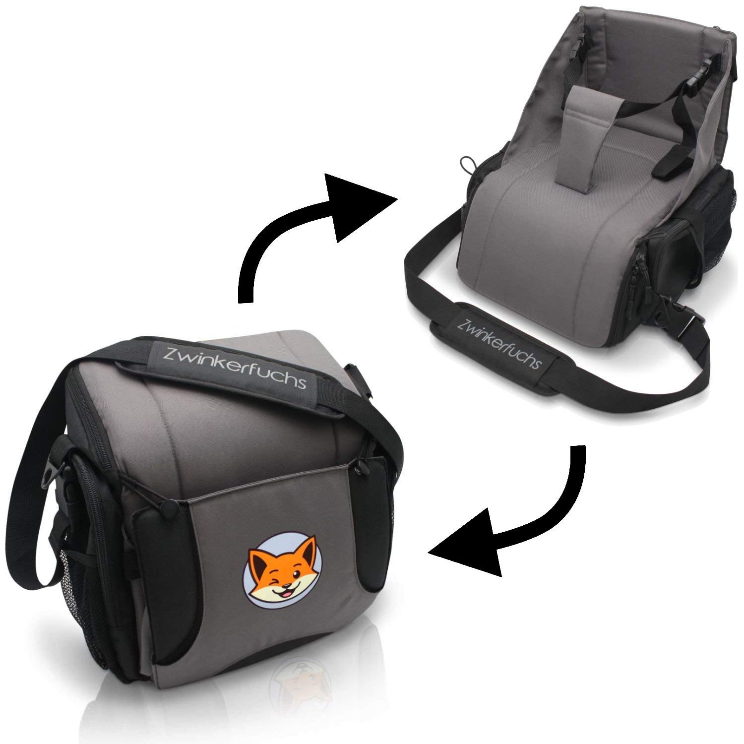 Boostersitz von Zwinkerfuchs® - Sitzerhöhung und Tasche vereint - Verwandeln Sie die Wickeltasche in einen Baby Reisesitz für unterwegs - Der ideale Begleiter wenn kein Hochstuhl zu finden ist
