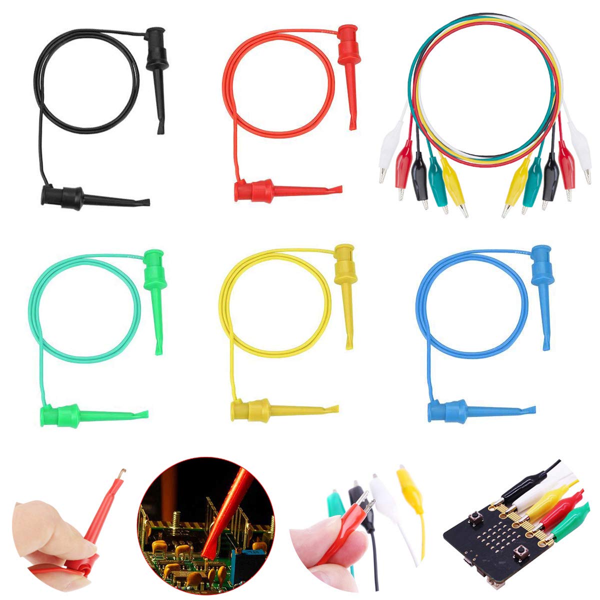 Youmile 5PCS Test Hook Clip Dual Silicone Probe Test Lead 5 Color For IC,PIN,Chip with 5PCS Double-ended Alligator Clips Cables