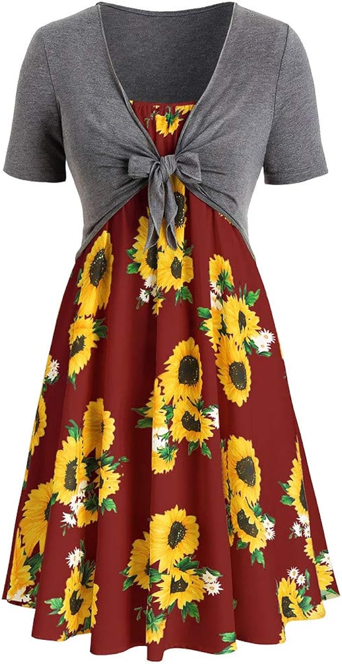 Zweiteiler Kleid Damen Blumen Kurz A Linie Elegant Sommerkleid