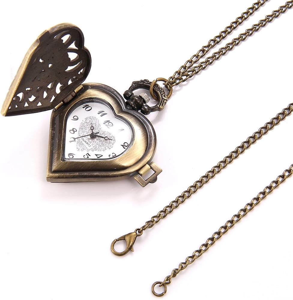 JewelryWe Vintage Heart Locket Style Steampunk Pocket Watch Pendant Long Necklace 31.5 Inch Chain (with Gift Bag) - Image 4