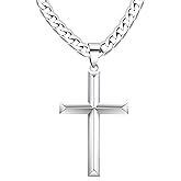 Cameido 925 Sterling Silver Cross Necklace for Men Women with Stainless Steel Durable Cuban Link Chain Polished Beveled Edge Cross Chain Pendant Necklace Jewelry 16-28 Inches