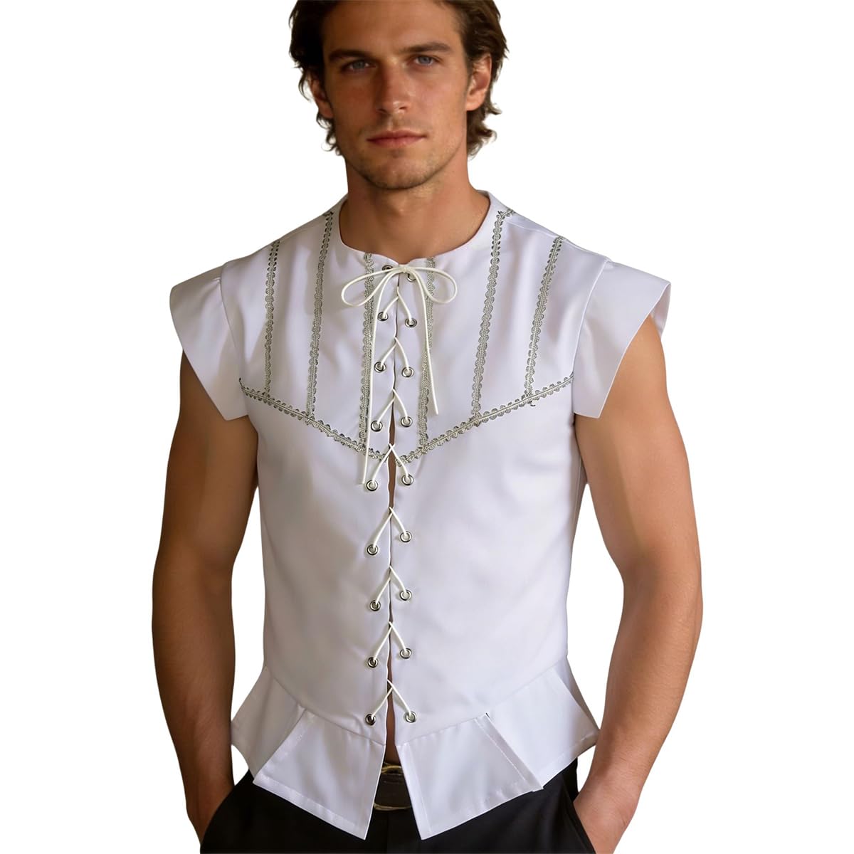 BPURB Mens Steampunk Gothic Pirate Vest Renaissance Medieval Lace-up Waistcoat Victorian Costume(Small, White)