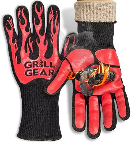 GRILL GEAR High Heat Resistant BBQ Gloves – Ideal as Oven Gloves or Cooking Gloves – Best Grill Gloves that Offer Better Flexibility, Comfort &amp; Protection – Non-Slip Grip – Essential BBQ Accessory