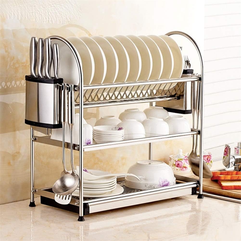 HAMIMI Kitchen Shelf ThreeLayer Stainless Steel Dish Rack