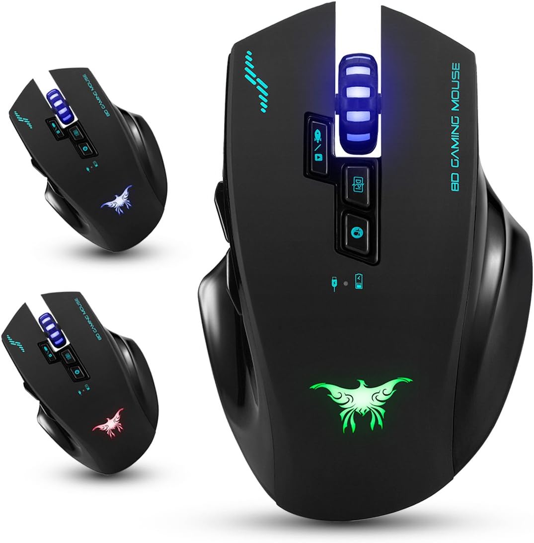 Rechargeable 2.4G Wireless Wired Gaming Mouse Optical Mice with 4 Adjustable DPI Levels, 8 Buttons, 3 Colors Breathing Lights for PC and Mac(Black)