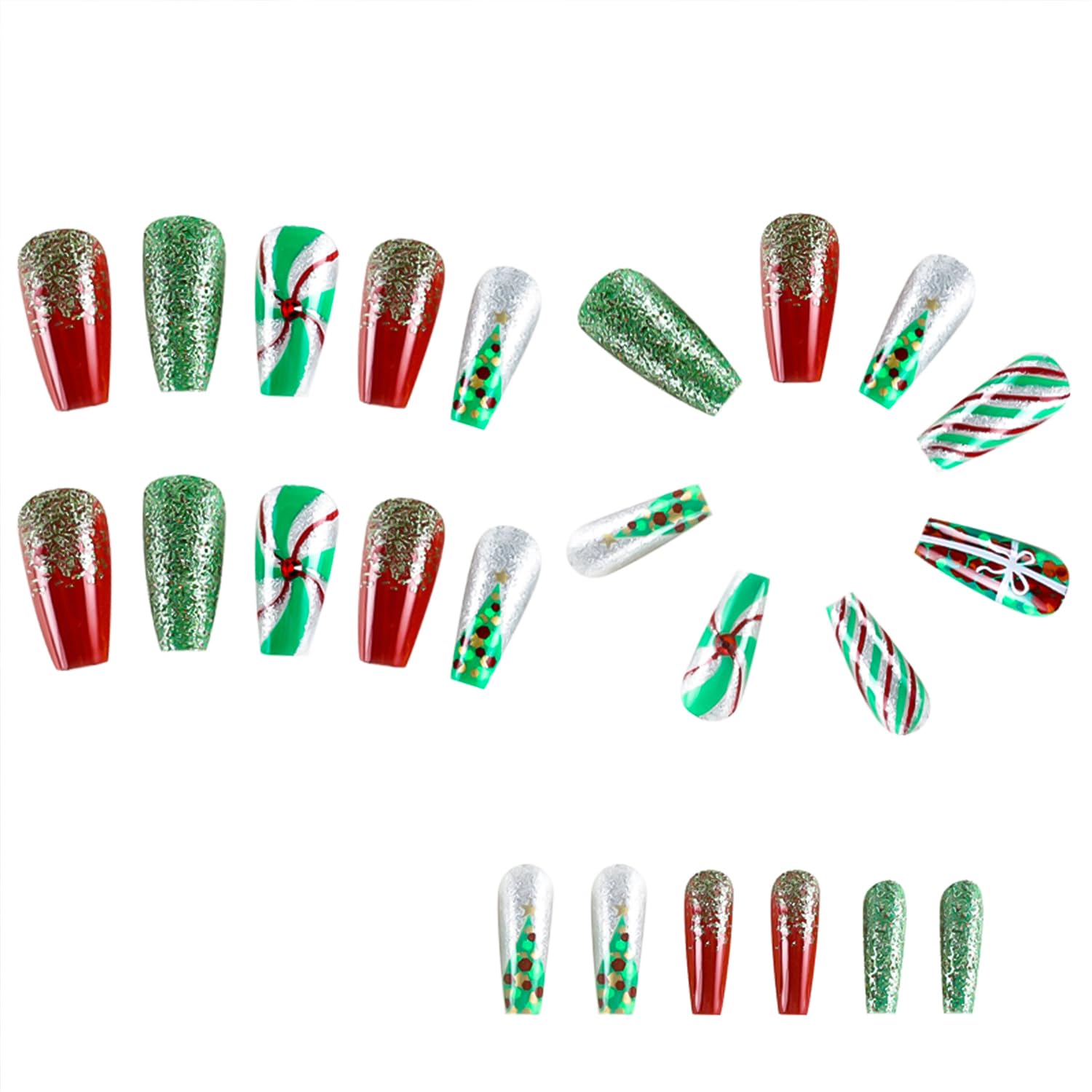 TULOBI Christmas Press on Nails Medium Coffin Fake Nails with Christmas Tree Designs Glitter Glue on Nails Xmas Design Green and Red Stripes Full Cover False Nails Artificial Acrylic Nails 24pcs - Image 2