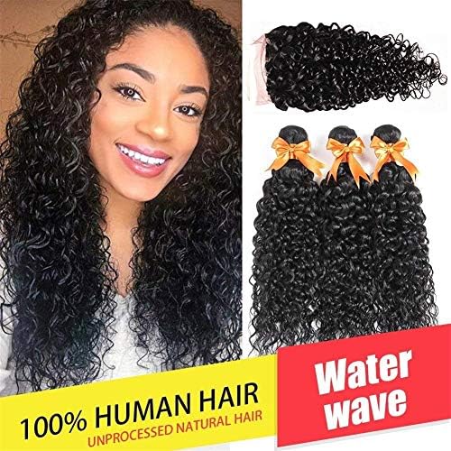 Brazilian Water Wave 3 Bundles with Closure Unprocessed Virgin Human Hair Bundles with Lace Closure 4x4 Free Part Can Be Dyed (14 16 18 with 14)