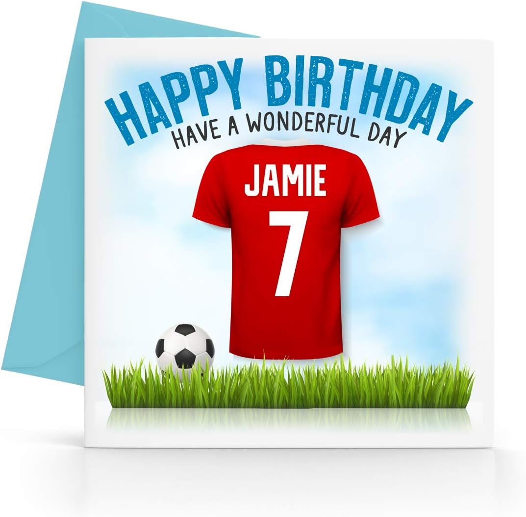 Personalised Boys Red Football Top Birthday Card Any Age, Relative