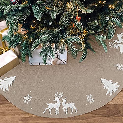 LOMOHOO Christmas Tree Skirt 36 inch Beige Christmas Tree Skirt,Rustic Thick Knit Tree Skirt With 3D Elk Snowflakes Xmas Tree Base Cover Mat for Holiday Party Decorations