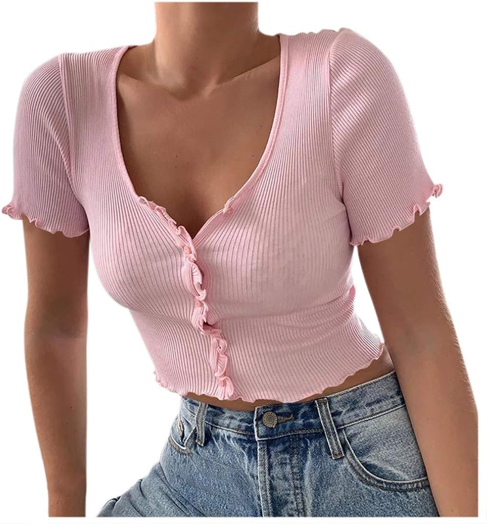 HIRIRI Women's Basic Crop Top Solid Color V-Neck Ribbed Trim Short-Sleeve Button Short Top Girl Teens Short Shirt