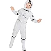 Kid's Astronaut Halloween Costume - White Space Suit Jumpsuit with Attached Shoe Covers & Helmet for Children