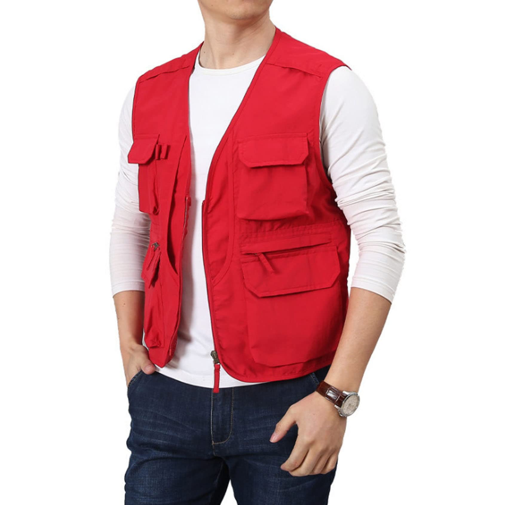 Photo 1 of **DIRTY PLEASE WASH BEFORE USE **Perbai Men's Black Utility Fishing Vest Outdoor Summer Lightweight Work Photo Safari Cargo Vest(Red-XXL)