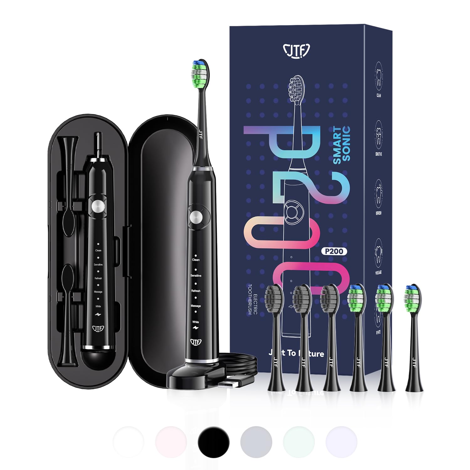 JTF Sonic Electric Toothbrush with 6 Brush Heads (2 Types) for Adults and Kids, Deep Clean Rechargeable Toothbrush, 5 Modes, 60 Day Battery & Timer, IPX7 Waterproof, Travel Case, Charging Base, Black
