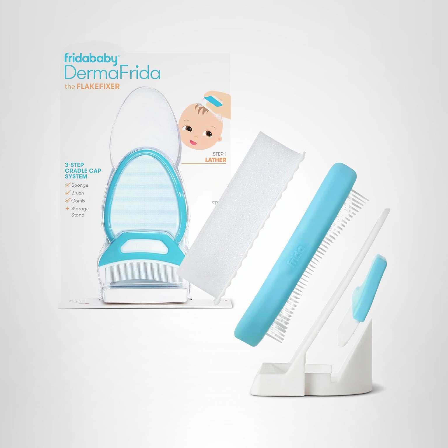 Frida Baby The 3-Step Cradle Cap System, DermaFrida The FlakeFixer, Sponge, Brush, Comb and Storage Stand for Babies with Cradle Cap, White-Blue