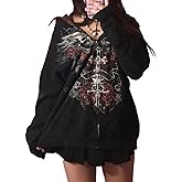 Yuemengxuan Womens Y2K Zipper Hoodie Long Sleeve Sweatshirt Harajuku Punk Grunge Tops Oversized Vintage Streetwear