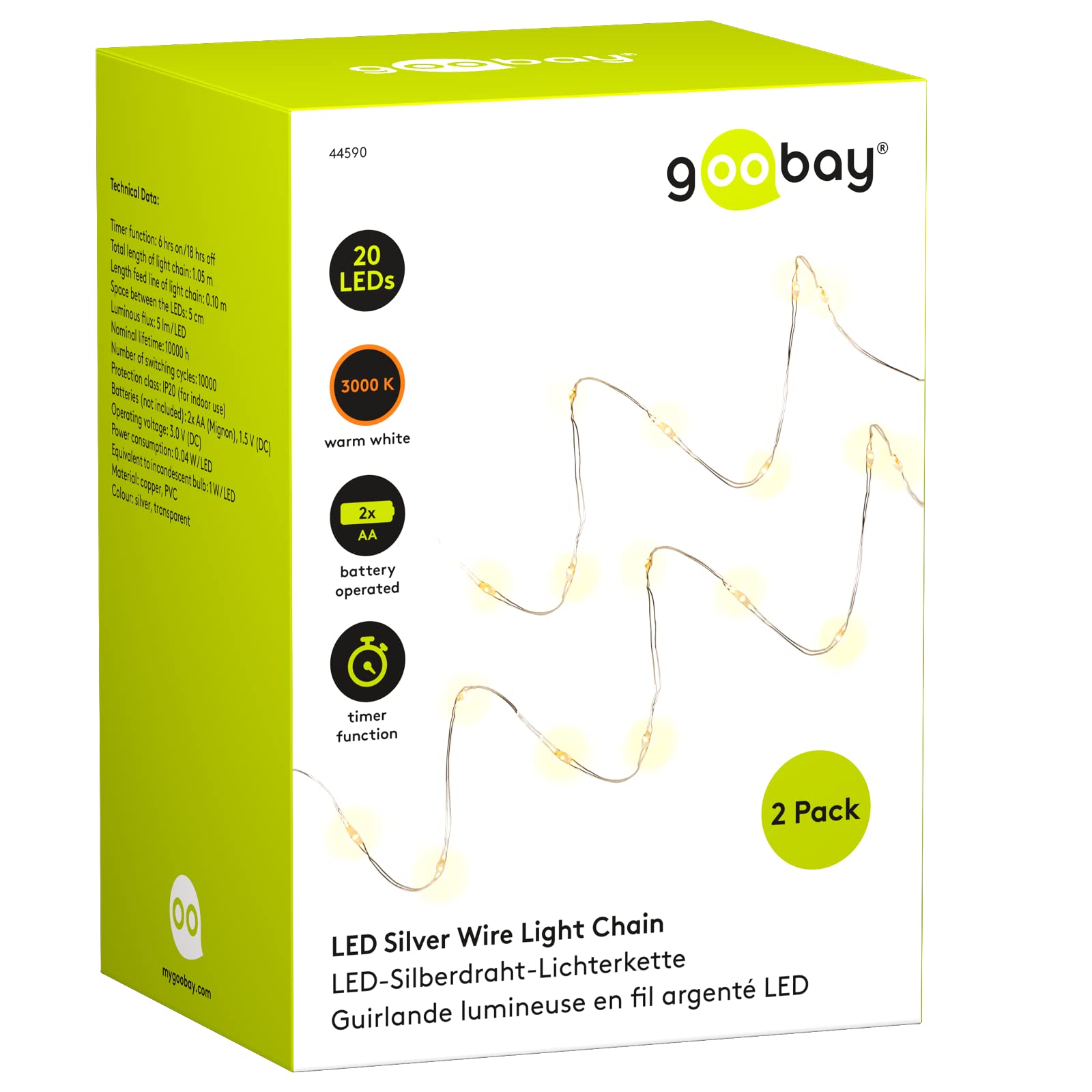 goobay 44590 2 x 20 LED Fairy Lights - Timer Function, Battery Operated, 1.05 m Total Length, White