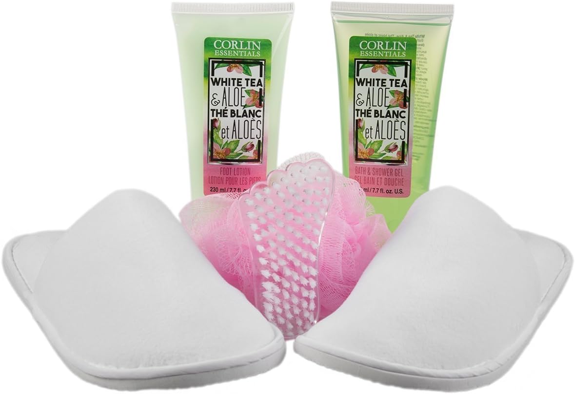 6 Piece Corlin Spa Bath Gift Sets For Women with Slippers, Foot Lotion, Shower Gel, Nail Brush and Loofah Bath Sponge