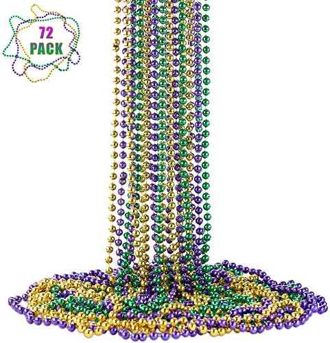 FAVONIR Mardi Gras Assorted Beaded Necklace 12 Pack Of Metallic Round Multi Colors Costume Necklace Accessory 33 Inch 7 mm– For Events And Party Favor Novelty