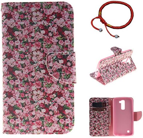 GOCDLJ Cell Phone Case for LG K10 2016 Cell Phone Slim Protective Case Pattern, LG K10 2016 Ultrathin PU Leather Flip Cover, Anti Scratch Bumper Cover Wallet Fully Protective Build in Stand Function Folio Book Style with Knife Shape Magnetic Holder Cash Pocket ID Card Slots Pouch Soft Silicone Backcover Backside Shell Artificial Sleeve + Chinese Style Red Bracelets Design Blooming Roses