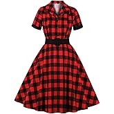 Women Notched Lapel Collar 50s 60s Vintage Buffalo Plaid Cocktail Swing Dress Short Sleeve V-Neck Buttons 1950s Audrey Hepburn Rockabilly Prom Dress Wedding Midi Evening Dress with Belt Red-Plaid L