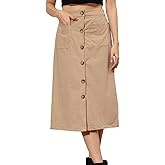 Women's Skirt Corduroy Button Down High Waist A-line Casual Slim Fit Midi Skirts with Pockets
