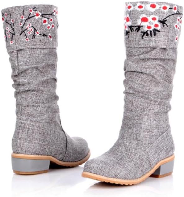 KUKIE Best 4U? Women's Shoes Winter Fall Boots Cotton Chunky Heel Roundd Toe Boots Embroidery Rose Flower