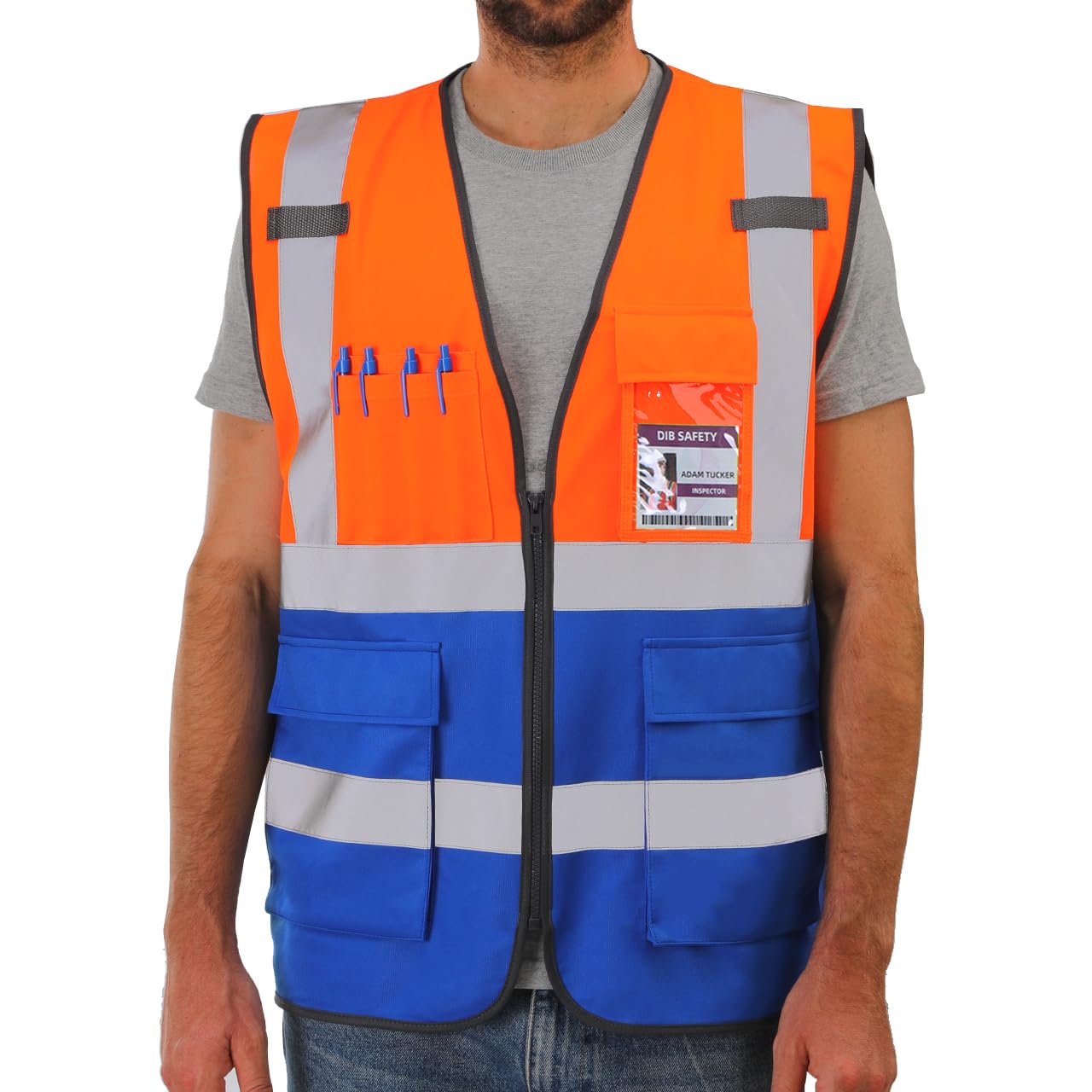 Photo 1 of Dib Safety Reflective Vest High Visibility with Pockets and Zipper, Orange and Blue 3XL