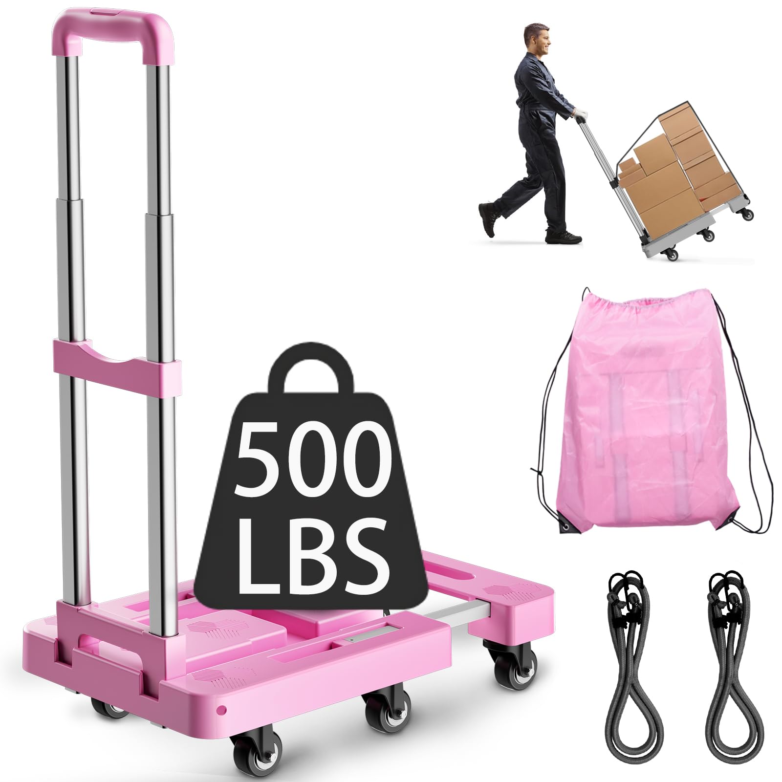 Photo 1 of Folding Hand Truck, Foldable Cart for 500 lbs Heavy Luggage, Hand Truck Dolly, 6-Wheel Foldable Dolly with 2 Ropes, Ideal for Home, Office, and Travel Moving (Pink)