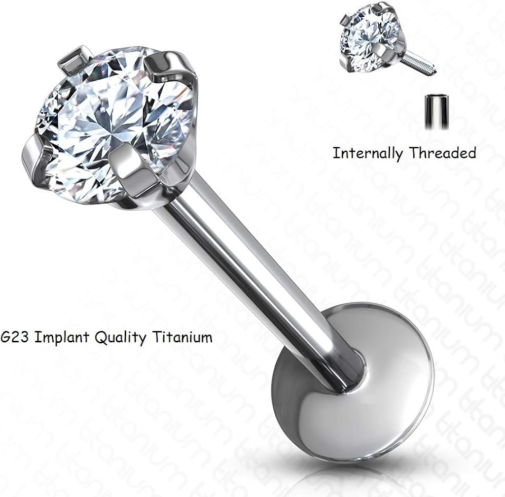 PiercedOff 1.2mm Titanium Labret with 2mm Clear CZ Gem - Length 6mm, Steel, 6mm with 2mm gem - Image 4