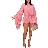 LETSVDO Shorts Sets Women 2 Piece Outfits Mock Neck Bell Sleeve Chiffon Top Blouse Pleated Ruffle Bubble Short Set Romper