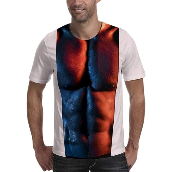 Xmiral Kurzarm T-Shirt Herren 3D Muskel Drucken Patchwork Polyester O-Ansatz Oberteile
