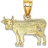JewelryWeb 14.6mm 10k Solid Yellow Gold Flat and Engraved Cow Charm Pendant Necklace for Women
