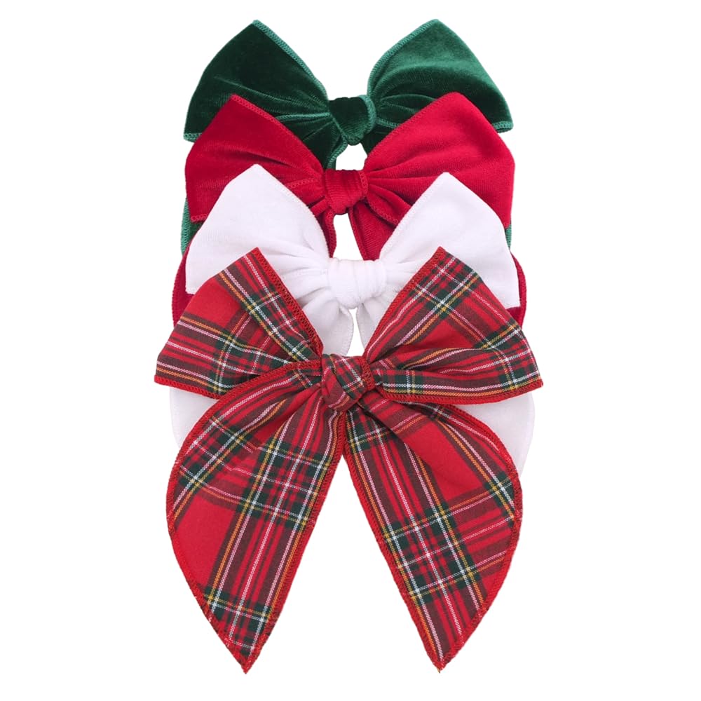 Velvet Plaid Bow Hair Clips and Accessories for Little Girls and Baby Moms - Red Green White Tartan Christmas Fable (4 Pack)