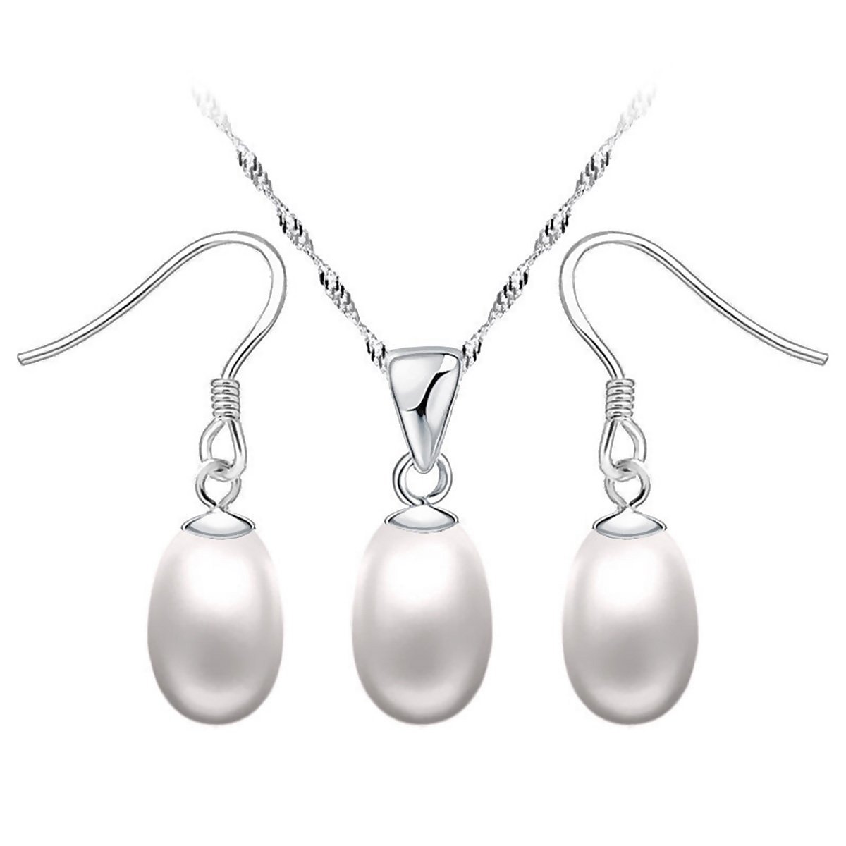 Mecool Sterling Silver Simulated Pearl Drop Earrings and Pendant Necklace Sterling Silver Teardrop Necklace Earrings Set