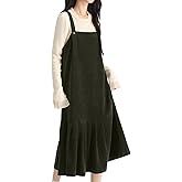 chouyatou Women's Cute Ruffle Corduroy Pinafore Overall Dress Pleated Flared Mid long Bib Jumper Dress
