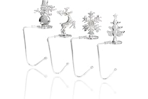 ZHIYUEJING Stocking Holders for Mantle Set of 4,Christmas Stocking Holders for Mantle,Silver Snowflake,Reindeer,Snowman,Christmas Tree,Fireplace Stocking Holders for Christmas Party Decoration